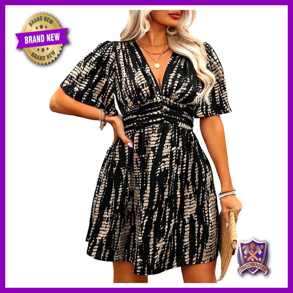 Plus Size V-Neck Ruffle Hem Short Sleeve Summer Dress Casual Outfit